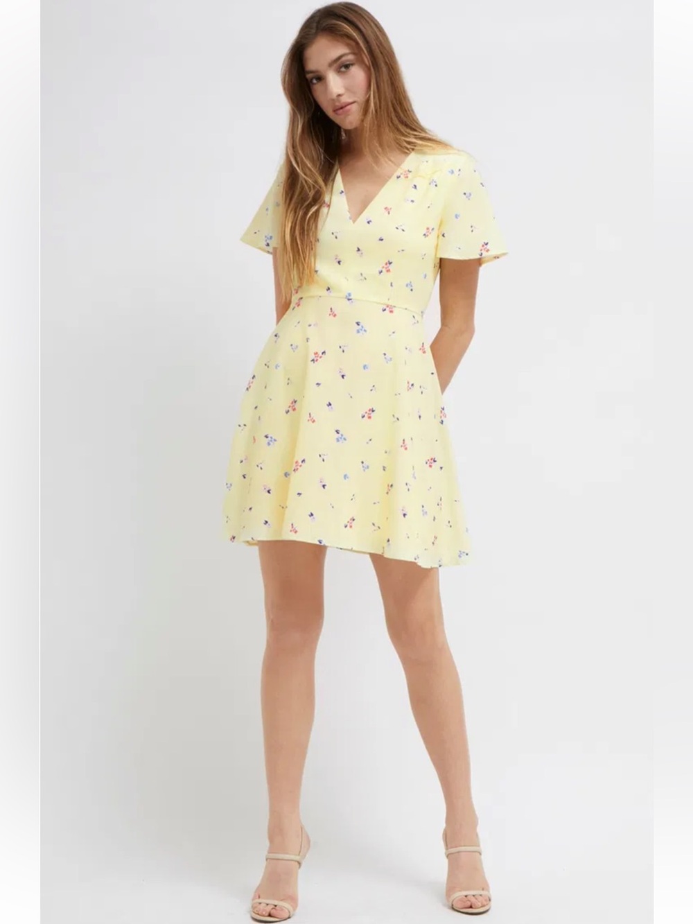 French Connection Yellow Floral Flutter Sleeve Skater Dress - Size US 6 - Picture 4 of 16